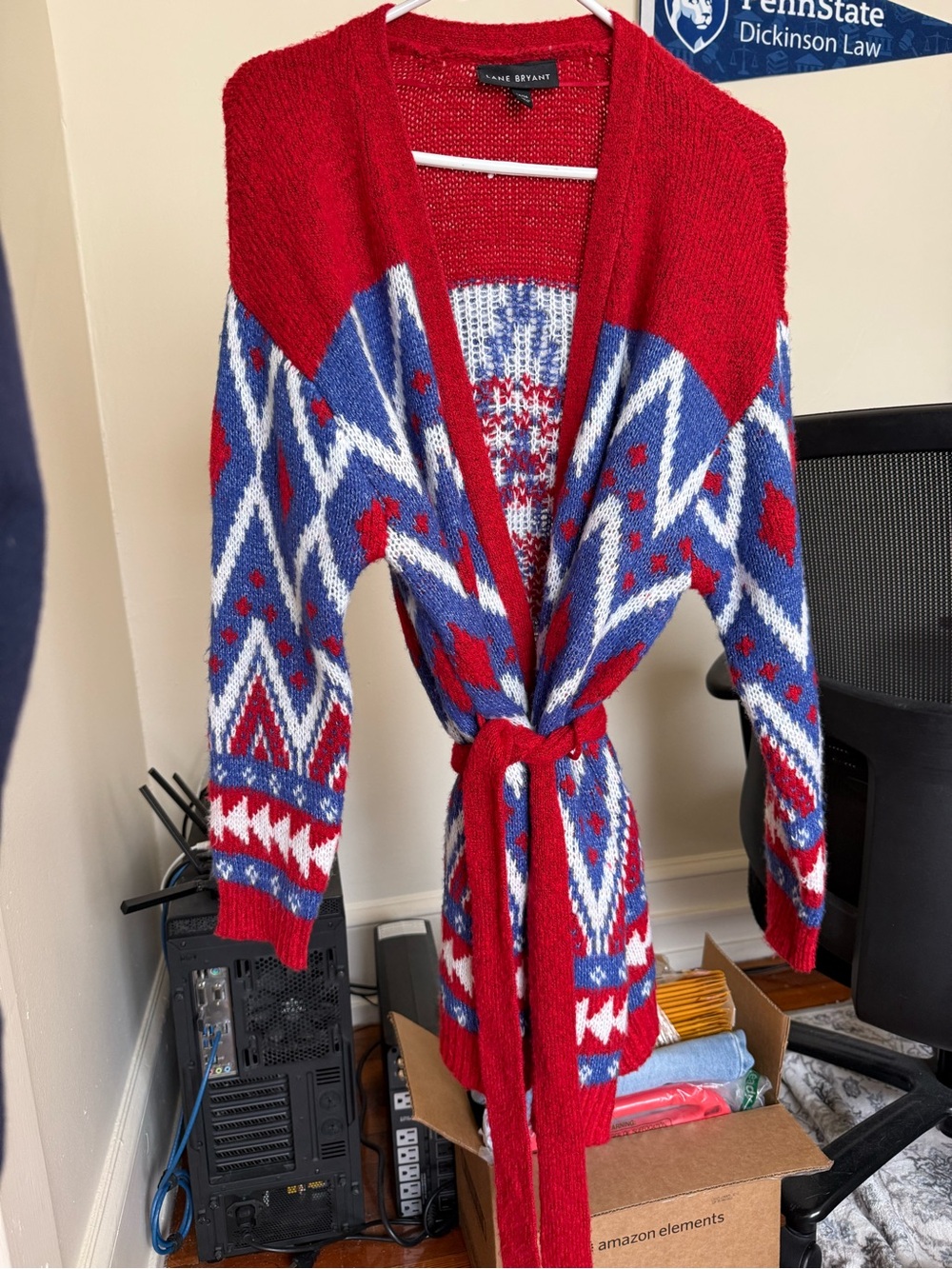Lane Bryant argyle  tie front cardigan / 14/16 / red white and blue